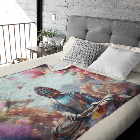 Fleecedeken Boeddha met bloemen